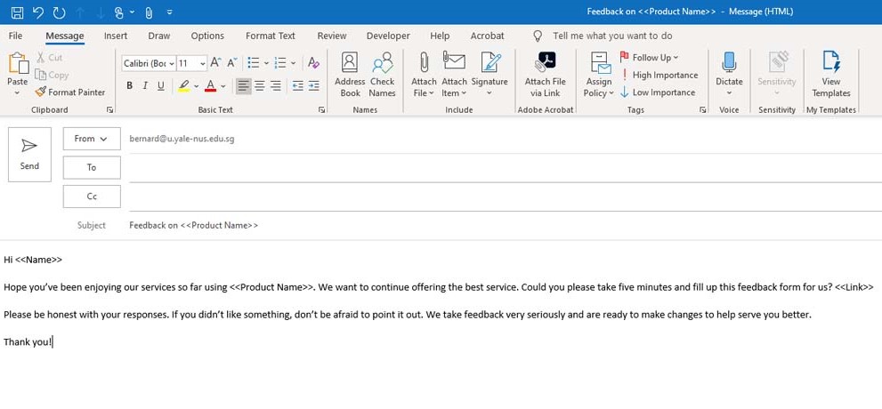 Screenshot of email template